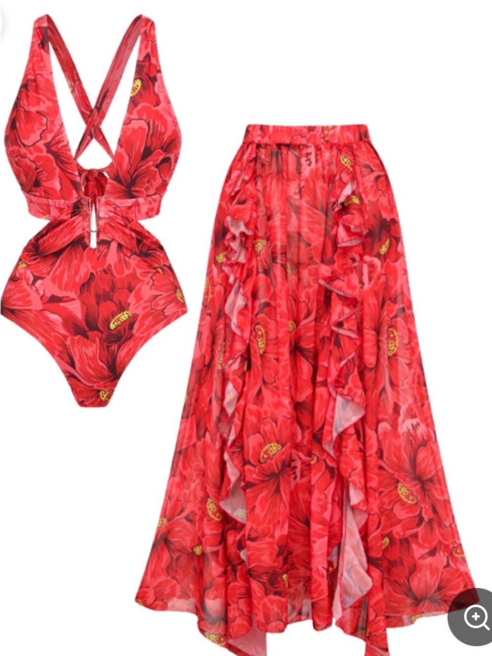 Red Floral Swim One-Piece with Matching Red Floral Cover Skirt